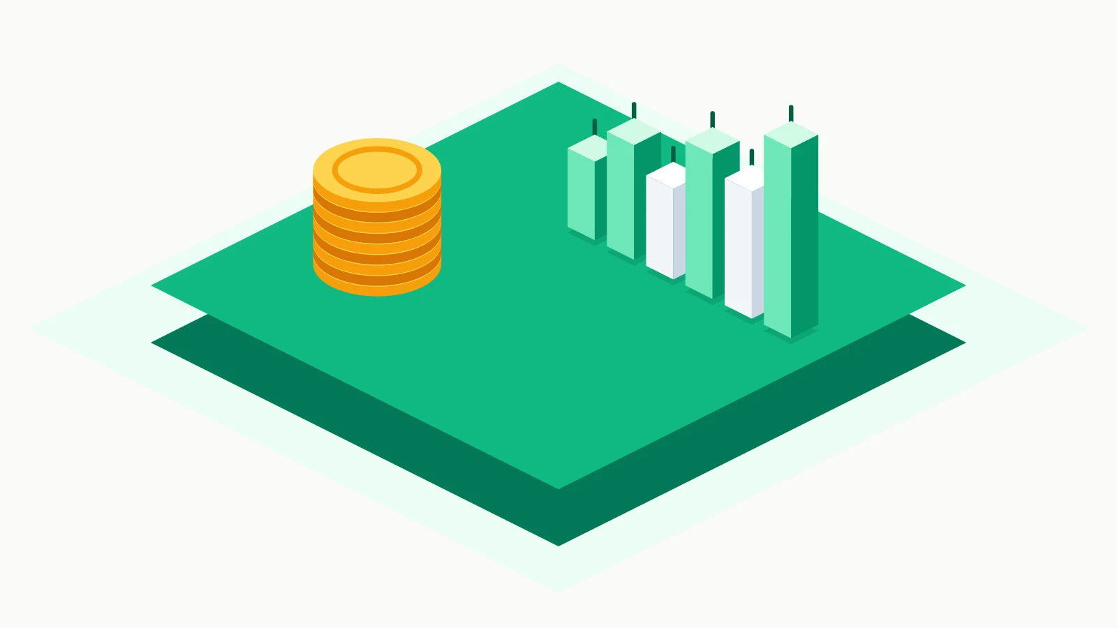 Ilustracja: wykres świecowy akcji i stos kryptomonet na zielonej platformie Assetli