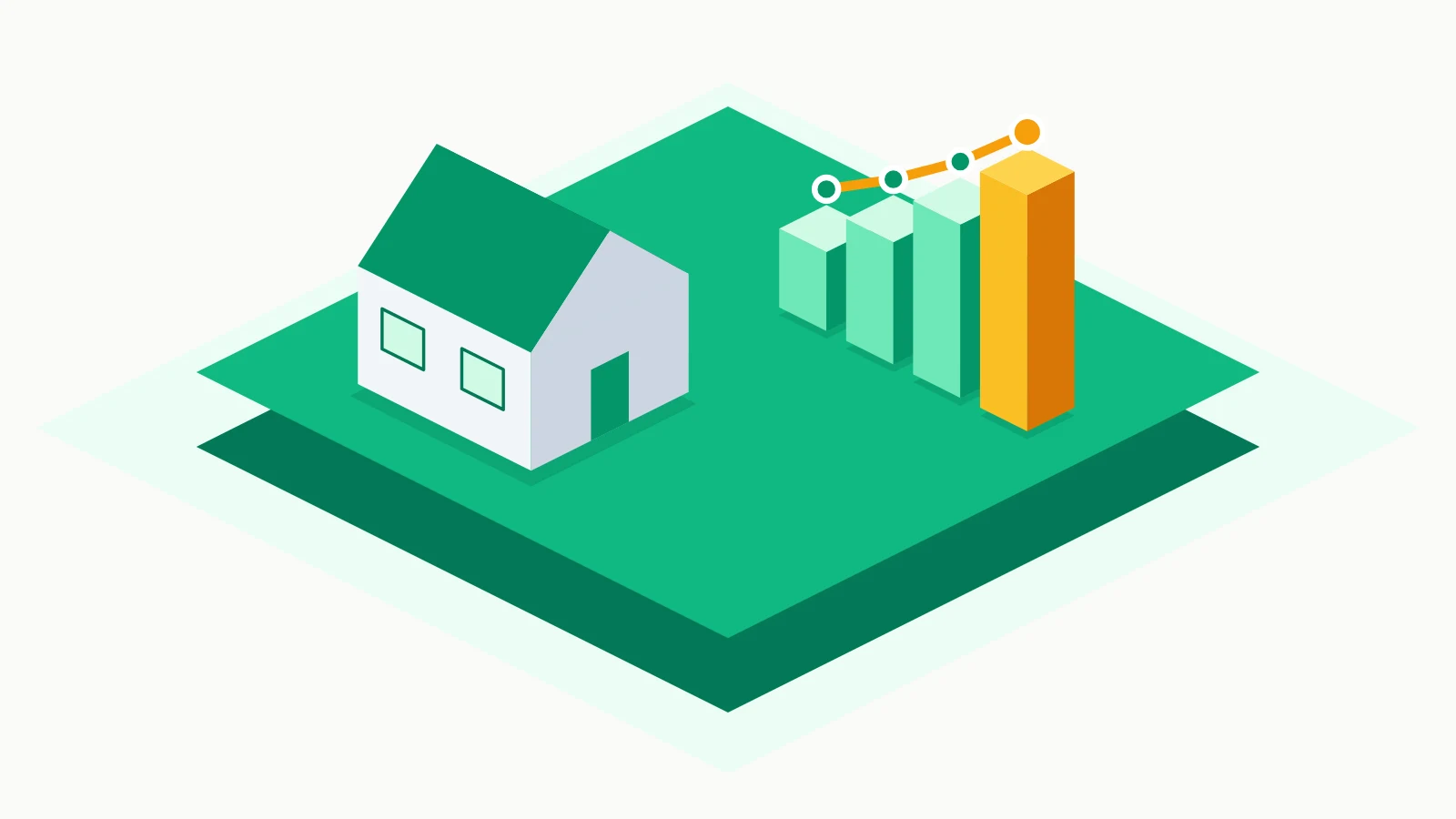 Illustration: a house and rising chart bars on the green Assetli platform