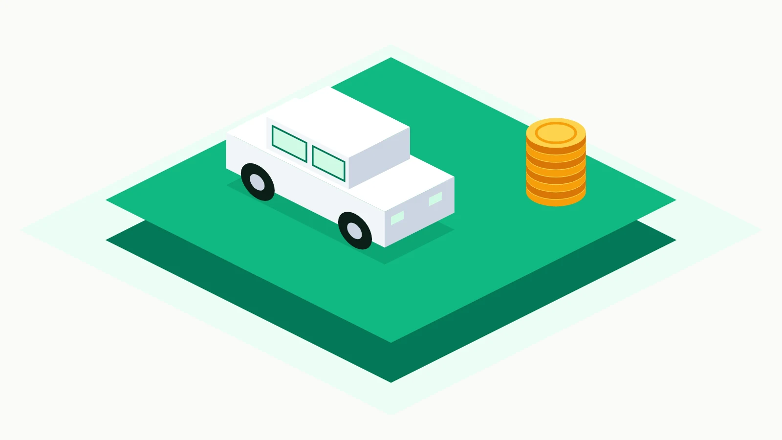 Ilustracja: samochód i stos monet na zielonej platformie Assetli