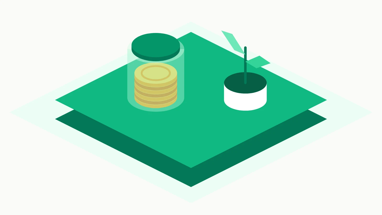 Illustration : un bocal de pièces et une jeune pousse sur la plateforme verte Assetli