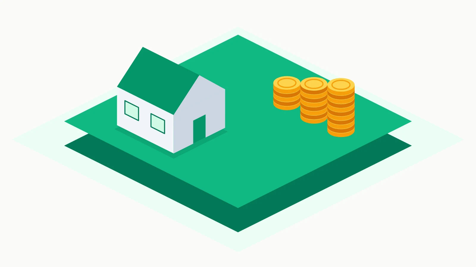 Illustration : une maison louée et des piles de pièces issues du loyer sur la plateforme verte Assetli