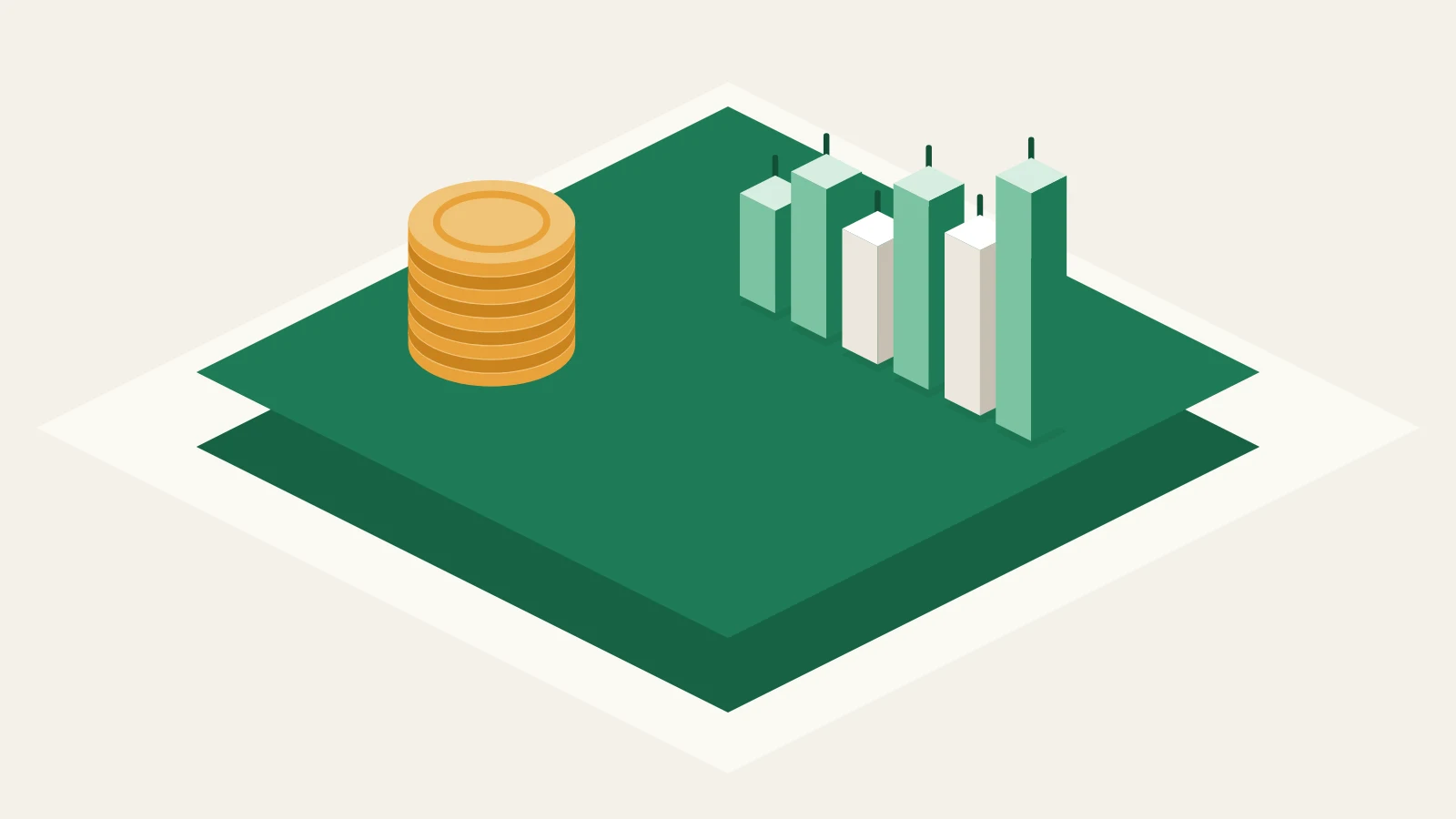 Illustration : un graphique en chandeliers d’actions et une pile de cryptomonnaies sur la plateforme verte Assetli
