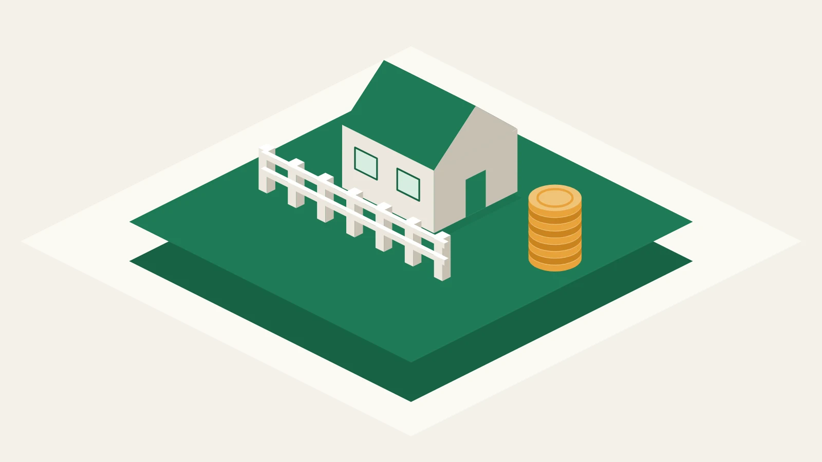 Illustration: ein Haus hinter einem Zaun aus sechs Feldern und ein Münzstapel auf der grünen Assetli-Plattform