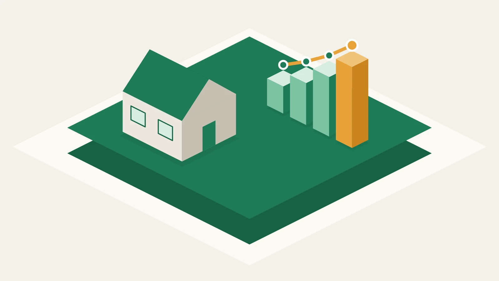 Illustration: a house and rising chart bars on the green Assetli platform