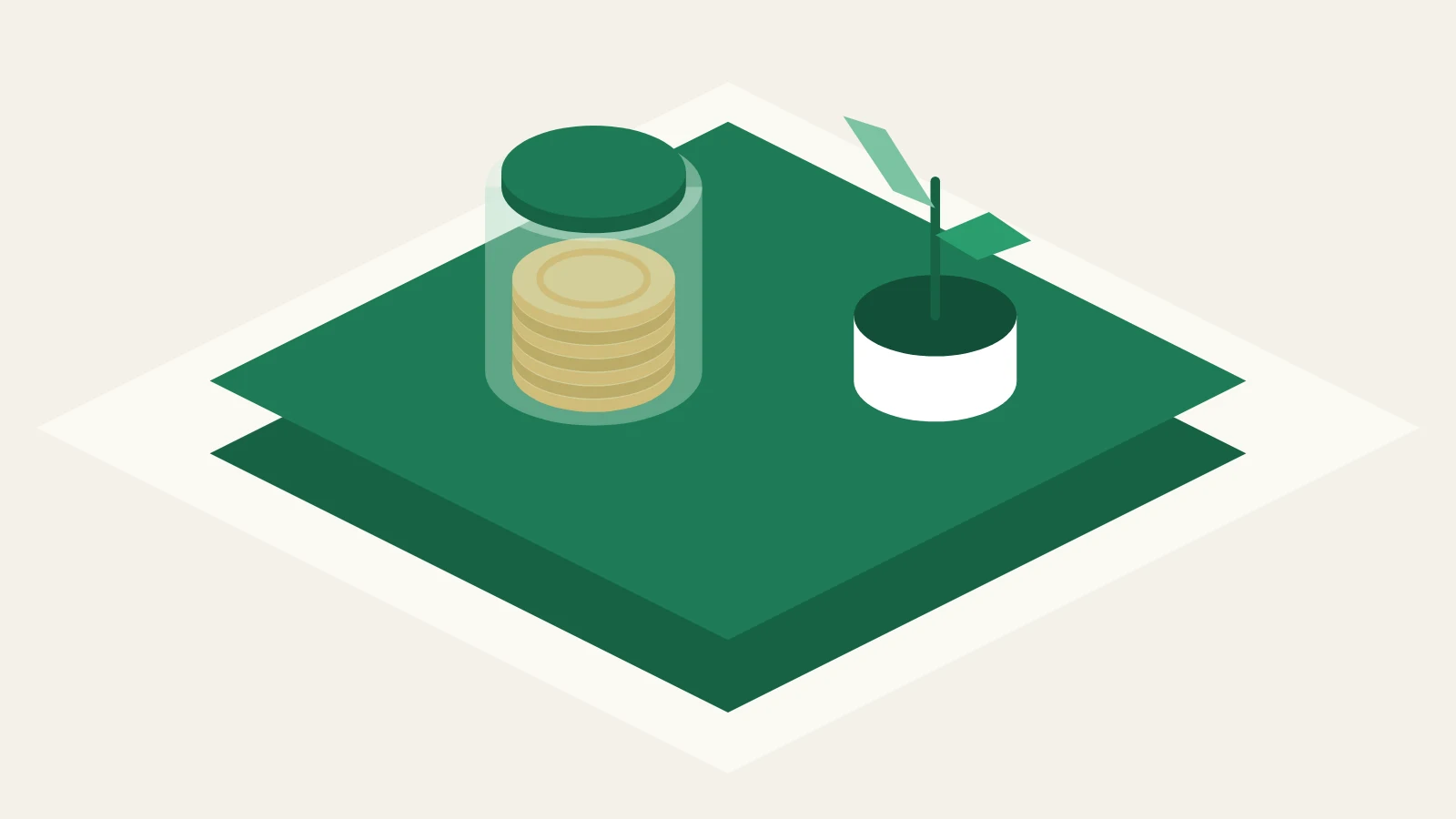 Illustration: a jar of coins and a growing sprout on the green Assetli platform