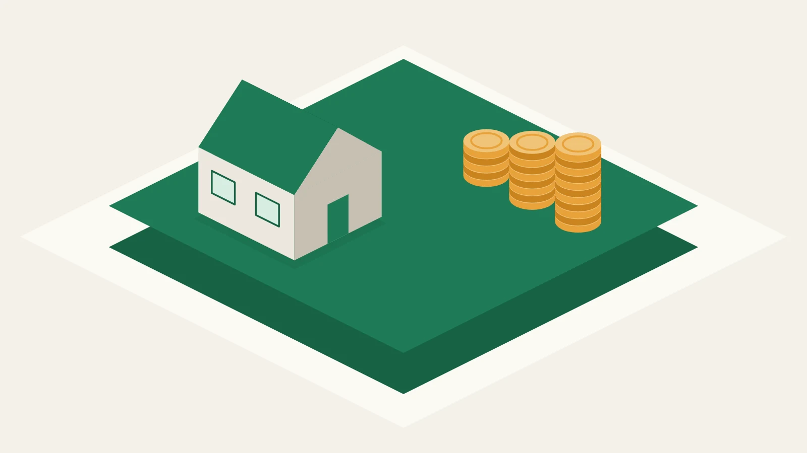 Illustration : une maison louée et des piles de pièces issues du loyer sur la plateforme verte Assetli